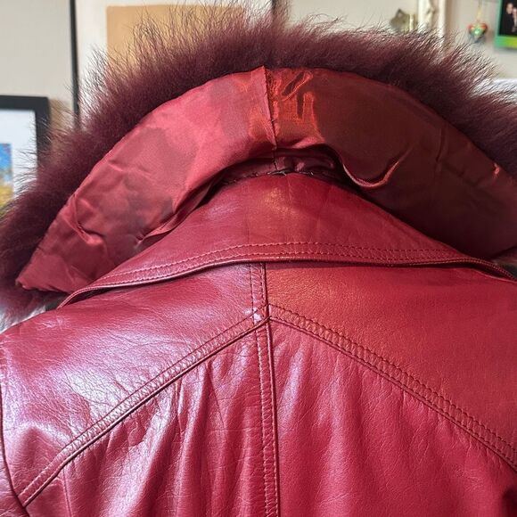 Vintage 1-of-a-Kind Burgundy-Red Leather Jacket with Ombré Collar - Picture 8 of 13